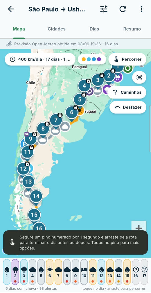 Tela do mapa: a rota de São Paulo a Ushuaia com um pino numerado em cada pernoite e a linha colorida pelo tempo de cada trecho; embaixo, a régua dos 17 dias.