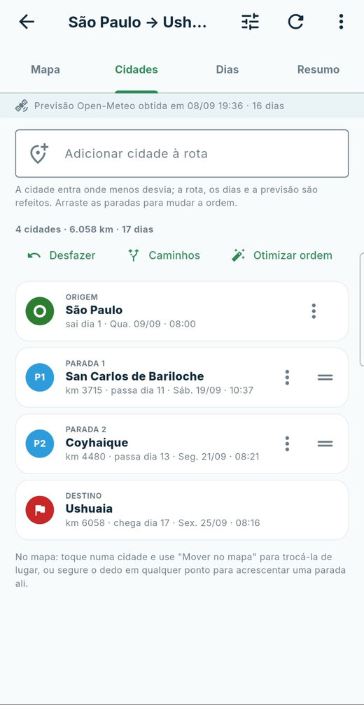Tela de cidades: origem, duas paradas com quilometragem e dia de passagem, destino, e as ações de desfazer, caminhos e otimizar ordem.