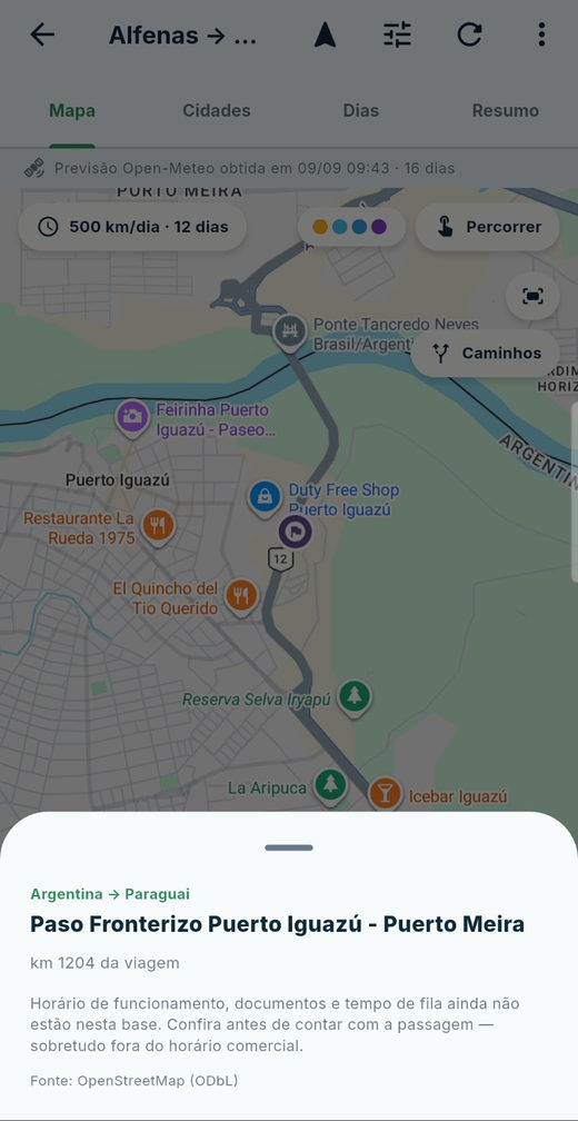 Mapa com uma passagem de fronteira selecionada: Paso Fronterizo Puerto Iguazú – Puerto Meira, Argentina para Paraguai, no km 1204 da viagem.